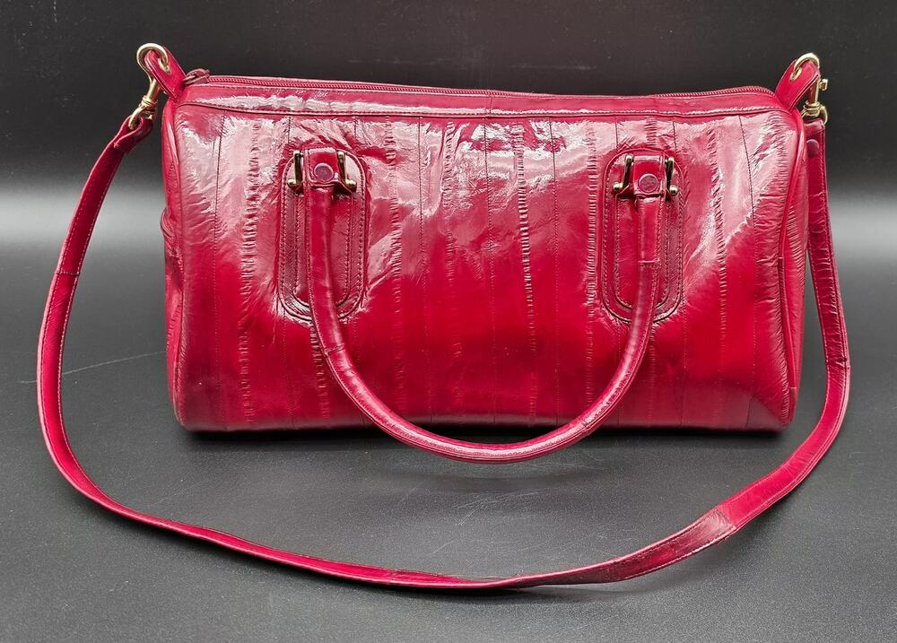Vintage Genuine Eel Skin Burgundy Handbag Korea w/ Strap & Brass Hardware